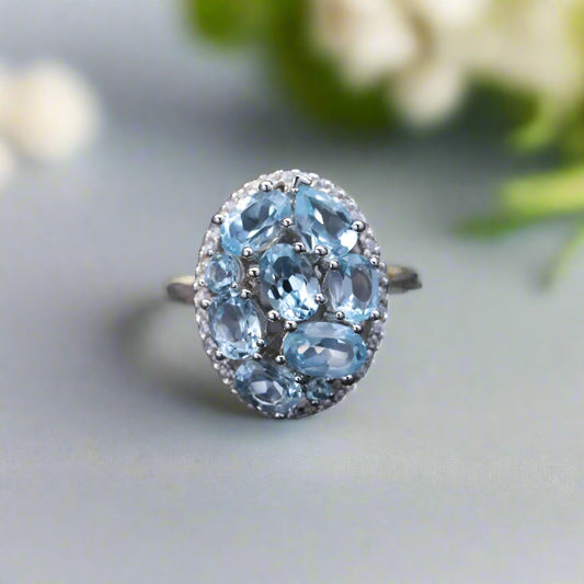 GRACE Sky Blue Topaz Oval Cluster Cocktail Ring in Sterling Silver