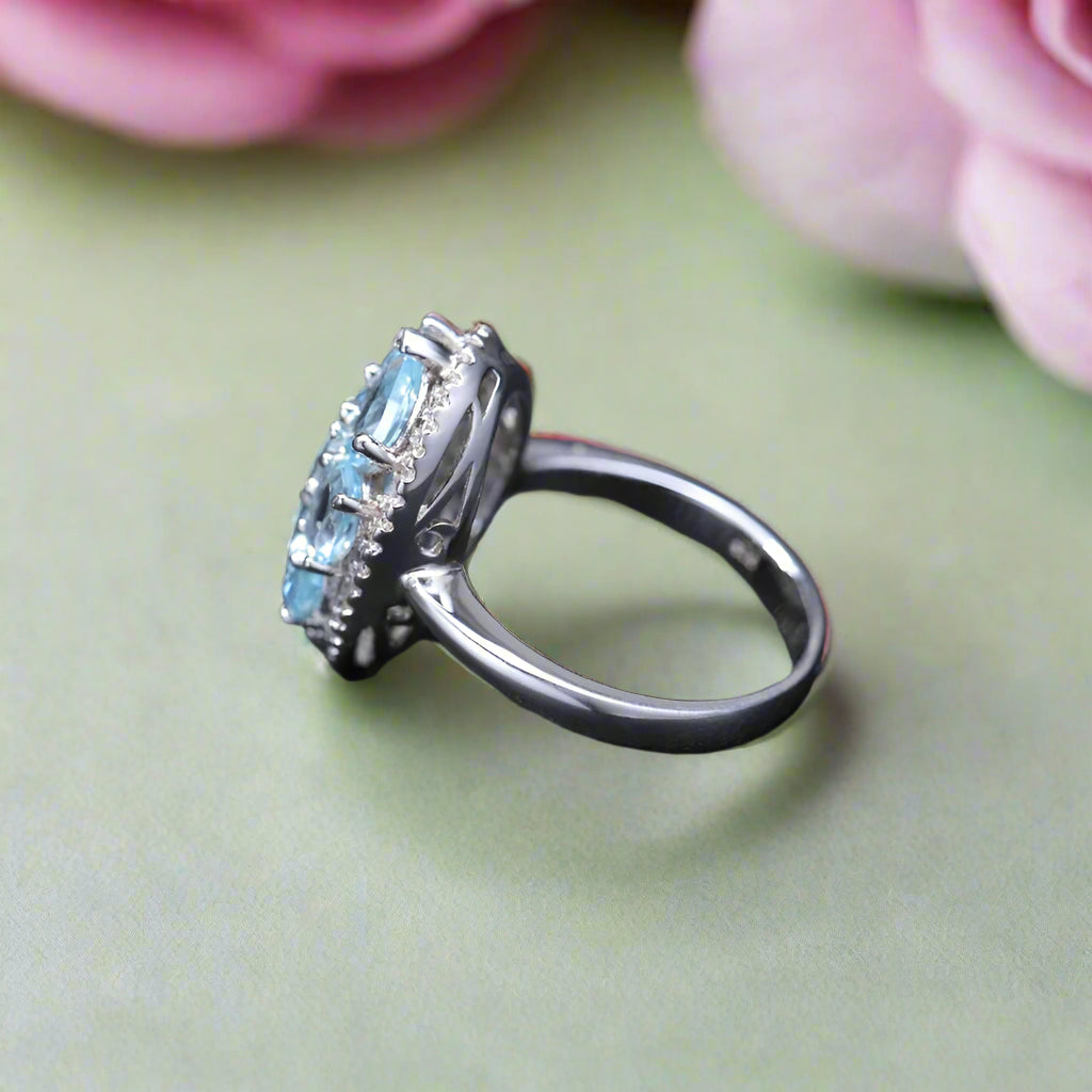GRACE Sky Blue Topaz Oval Cluster Cocktail Ring in Sterling Silver
