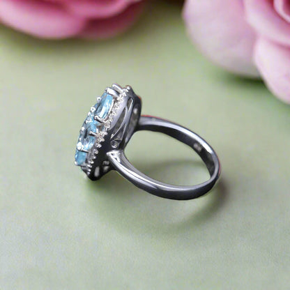 GRACE Sky Blue Topaz Oval Cluster Cocktail Ring in Sterling Silver