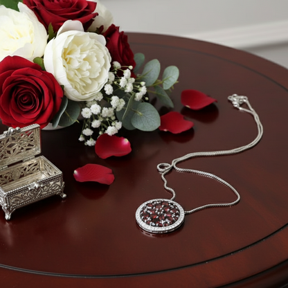 GRACE Red Garnet Round Cluster Pendant Necklace in Sterling Silver