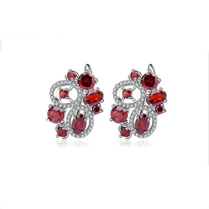 Conjunto de pendientes y anillos con flor de granate rojo GRACE en plata de ley