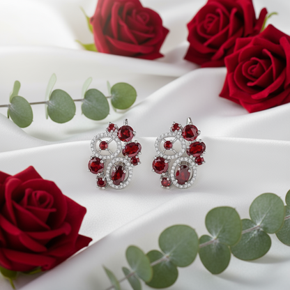 GRACE Red Garnet Flower Earrings Ring Set in Sterling Silver