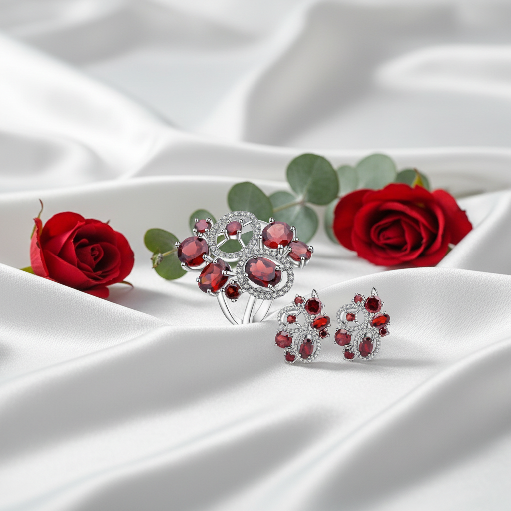 GRACE Red Garnet Flower Earrings Ring Set in Sterling Silver
