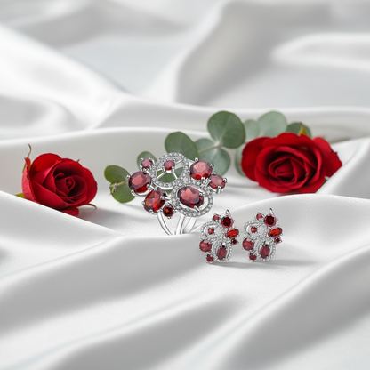 GRACE Red Garnet Flower Earrings Ring Set in Sterling Silver