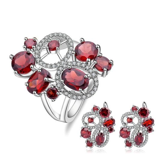 Boucles d'oreilles et bague en argent sterling avec grenat rouge GRACE