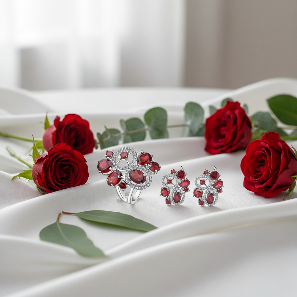 GRACE Red Garnet Flower Earrings Ring Set in Sterling Silver