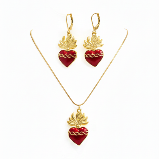 Red Sacred Heart Necklace and Earrings Set
