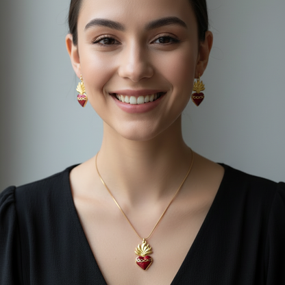 Red Sacred Heart Necklace and Earrings Set