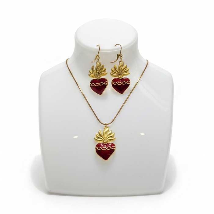 Red Sacred Heart Necklace and Earrings Set