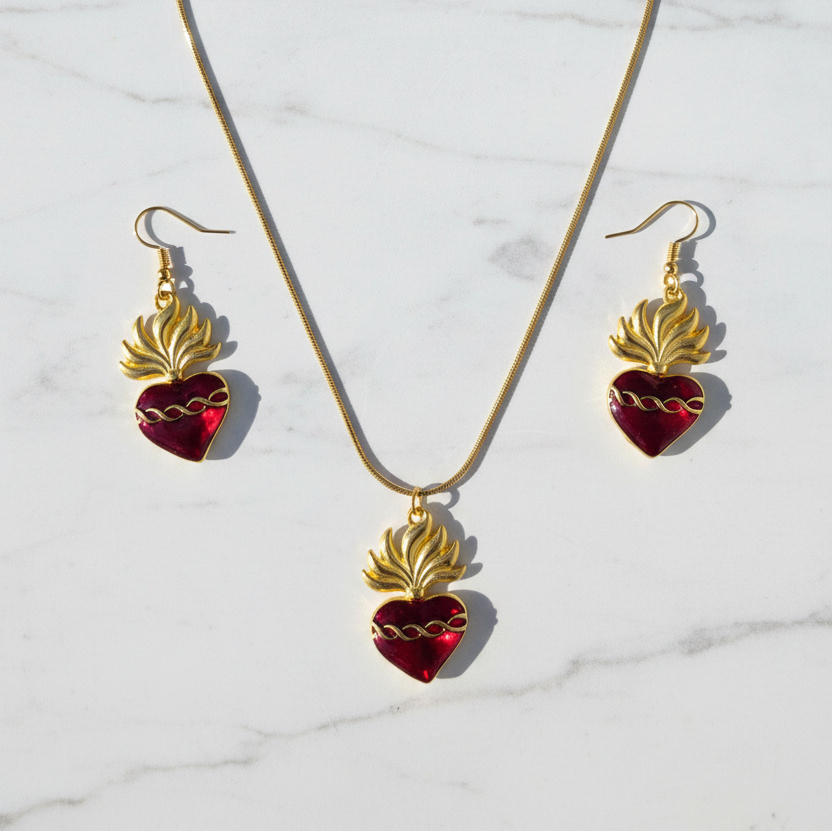 Red Sacred Heart Necklace and Earrings Set