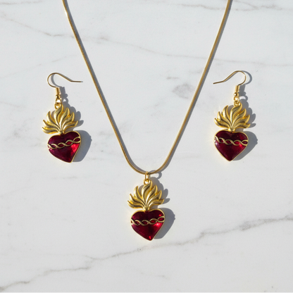 Red Sacred Heart Necklace and Earrings Set