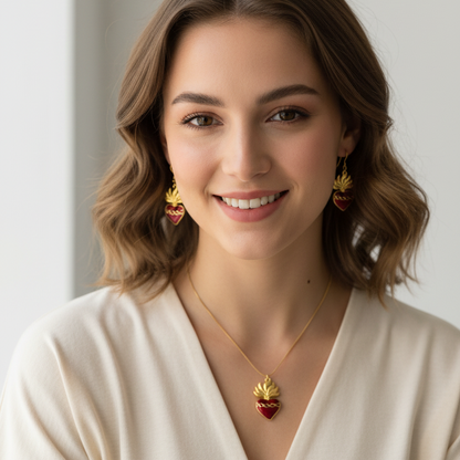 Red Sacred Heart Necklace and Earrings Set