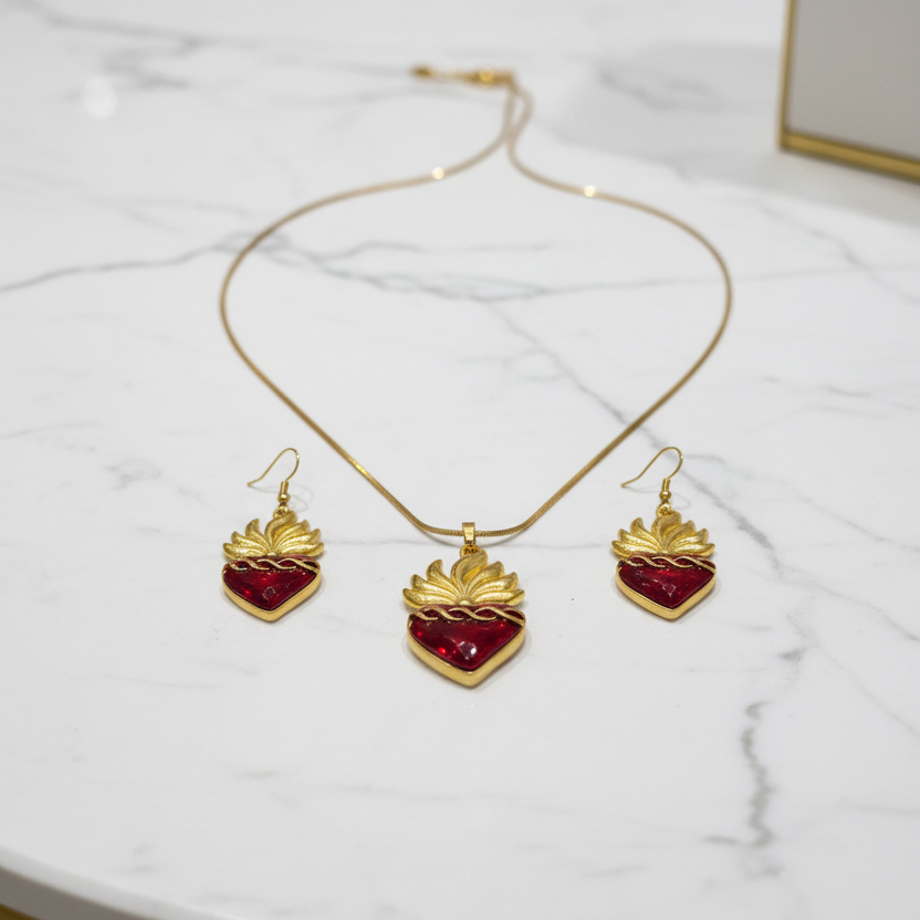 Red Sacred Heart Necklace and Earrings Set