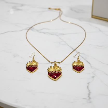 Red Sacred Heart Necklace and Earrings Set