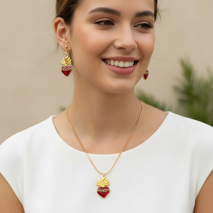 Red Sacred Heart Necklace and Earrings Set