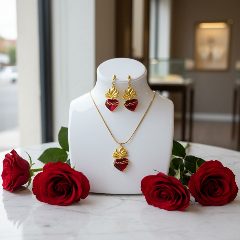 Red Sacred Heart Necklace and Earrings Set