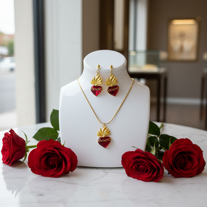 Red Sacred Heart Necklace and Earrings Set