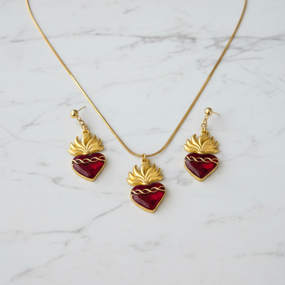 Red Sacred Heart Necklace and Earrings Set