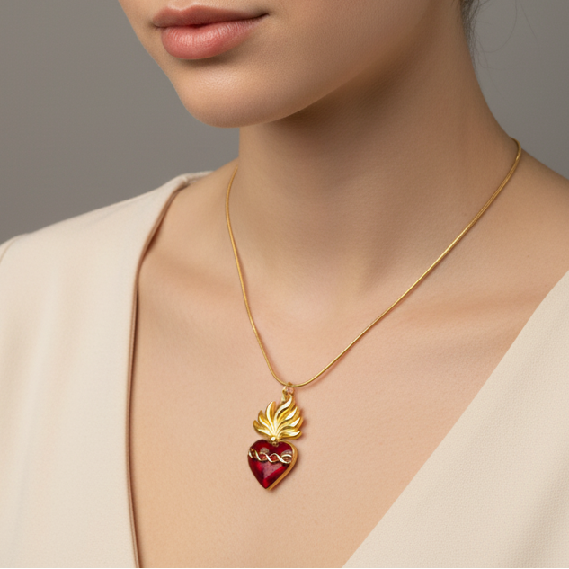 Red Sacred Heart Necklace and Earrings Set