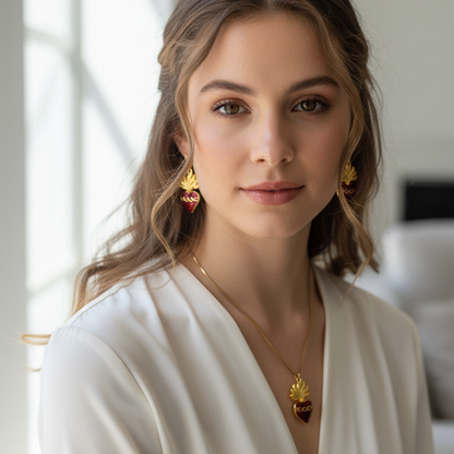 Red Sacred Heart Necklace and Earrings Set