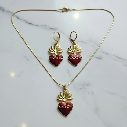 Red Sacred Heart Necklace and Earrings Set