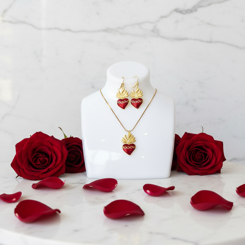 Red Sacred Heart Necklace and Earrings Set