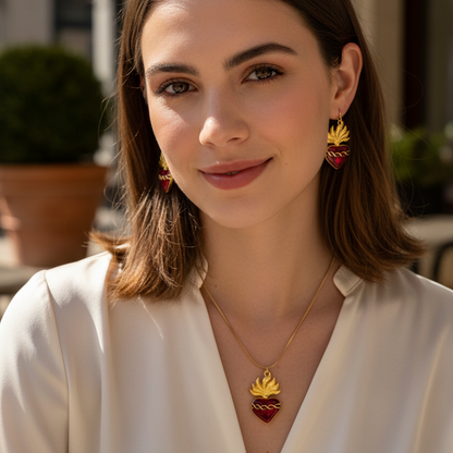 Red Sacred Heart Necklace and Earrings Set