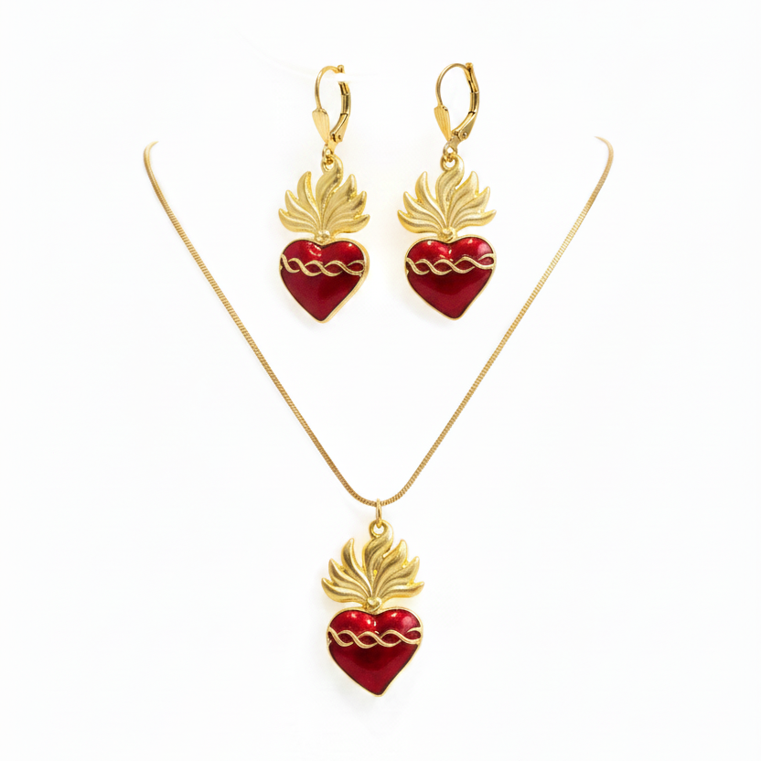 Red Sacred Heart Necklace and Earrings Set