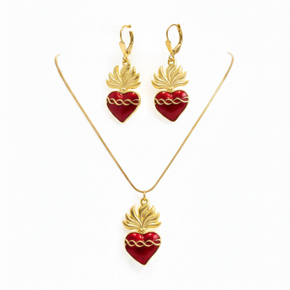 Red Sacred Heart Necklace and Earrings Set