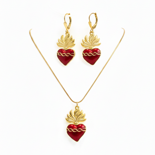Red Sacred Heart Necklace and Earrings Set