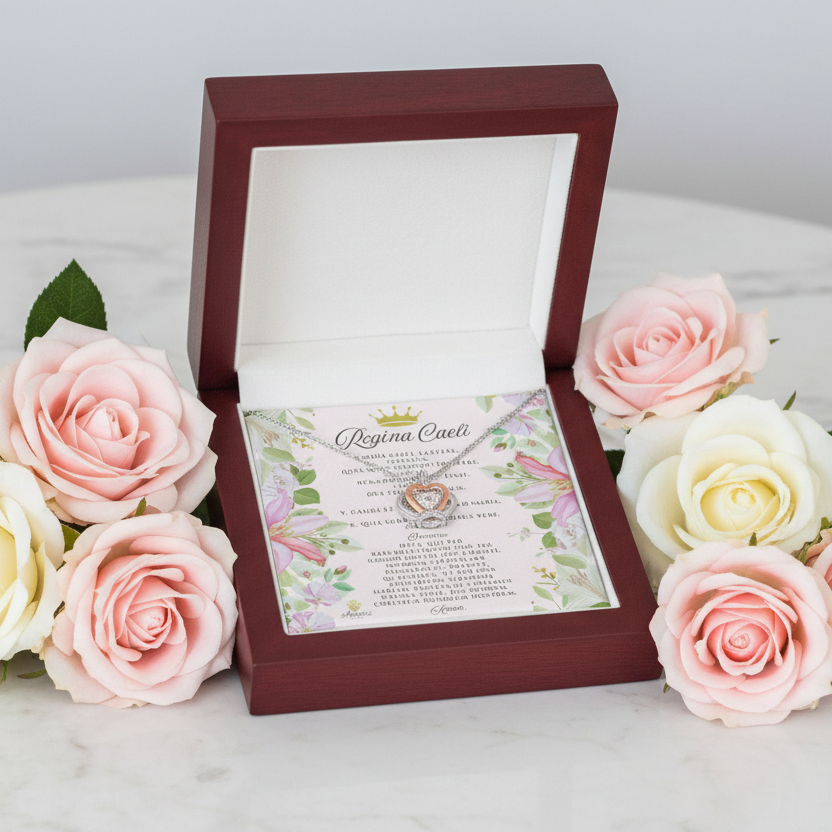 Collar con colgante de corona de Regina Caeli en plata de ley con tarjeta de oración latina