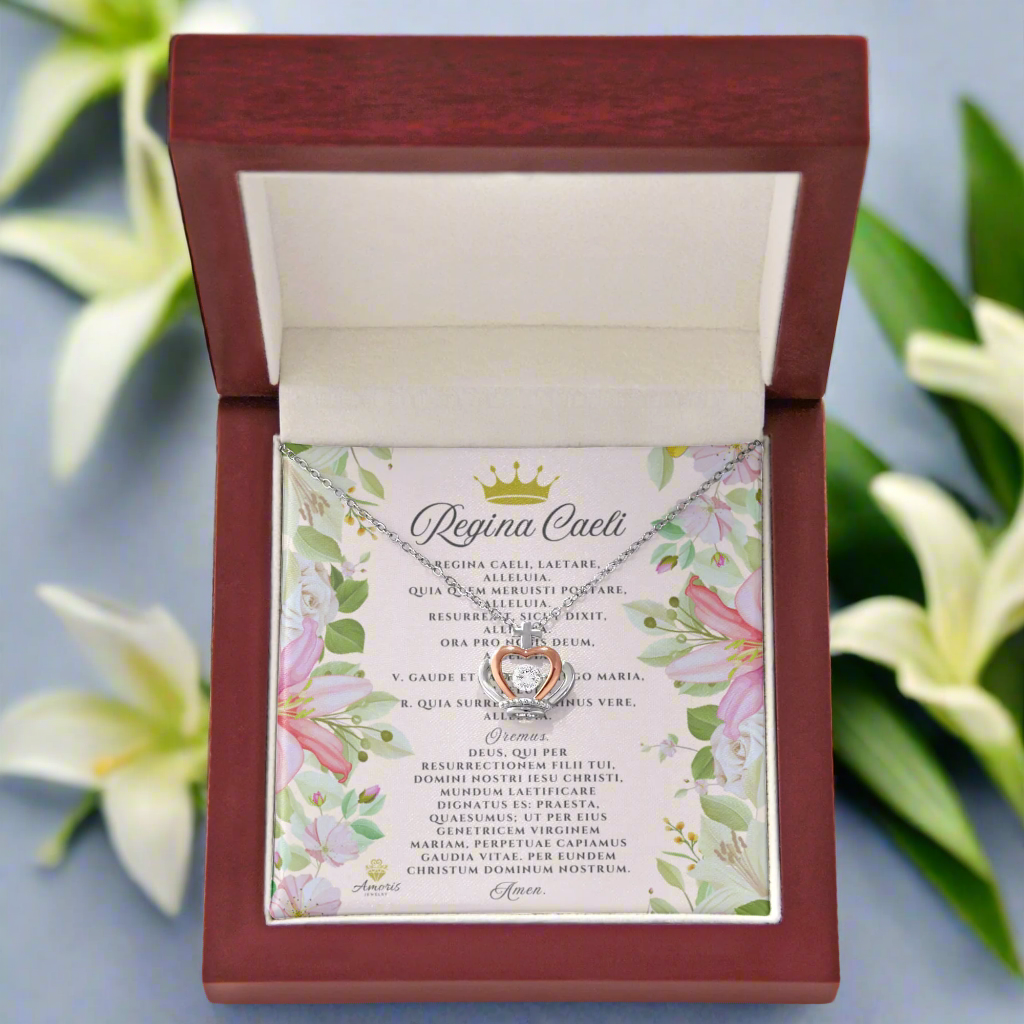 Regina Caeli Crown Pendant Necklace in Sterling Silver with LATIN Prayer Card