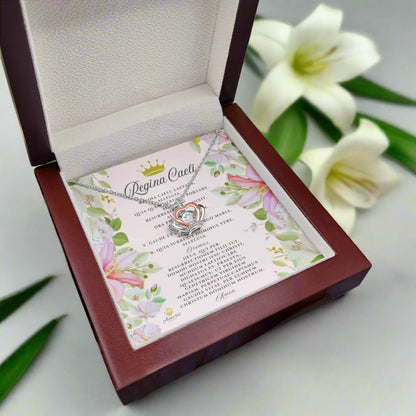 Collar con colgante de corona de Regina Caeli en plata de ley con tarjeta de oración latina