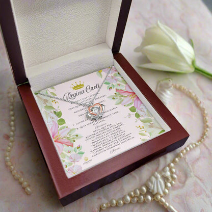 Collar con colgante de corona de Regina Caeli en plata de ley con tarjeta de oración latina