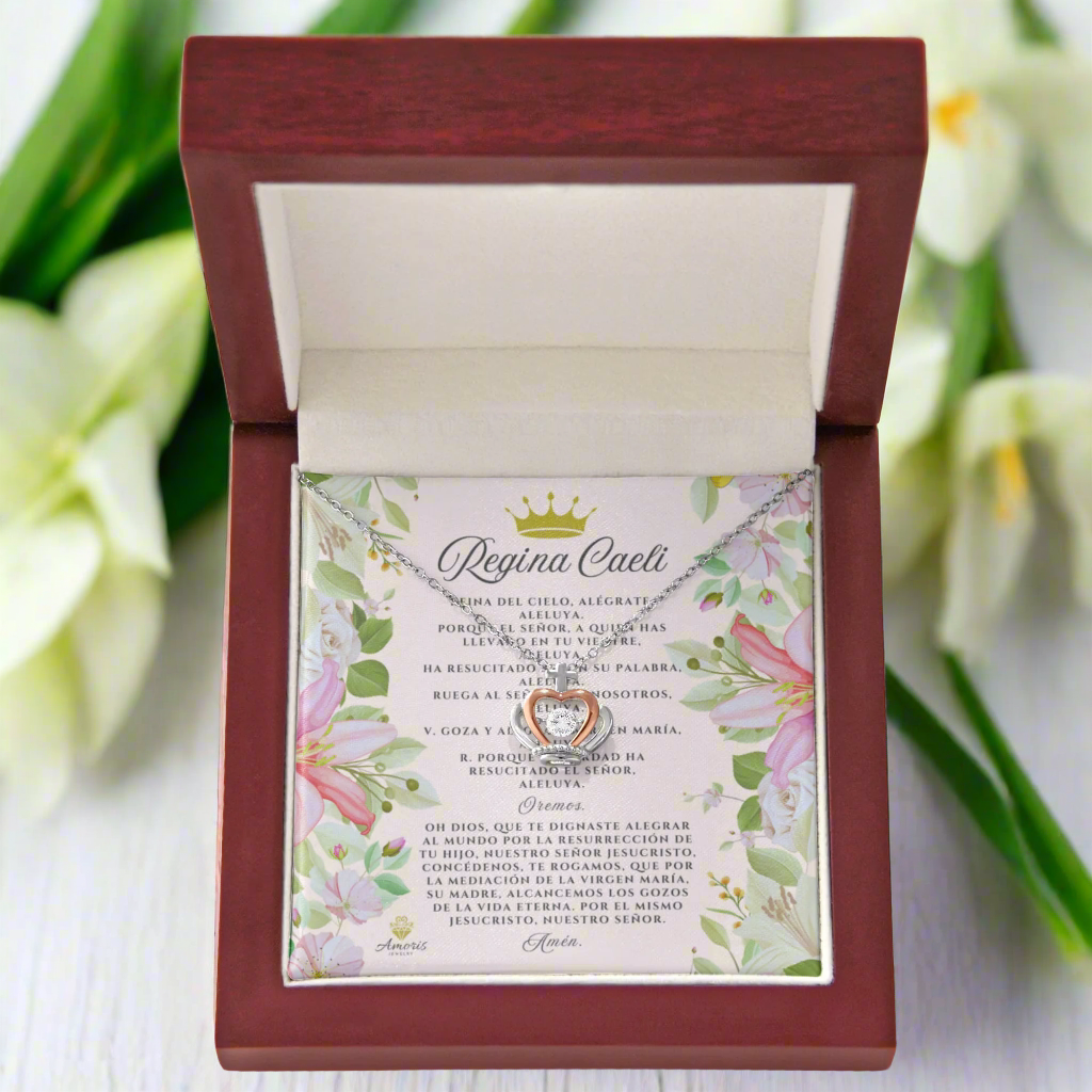 Regina Caeli Crown Pendant Necklace in Sterling Silver with SPANISH Prayer Card