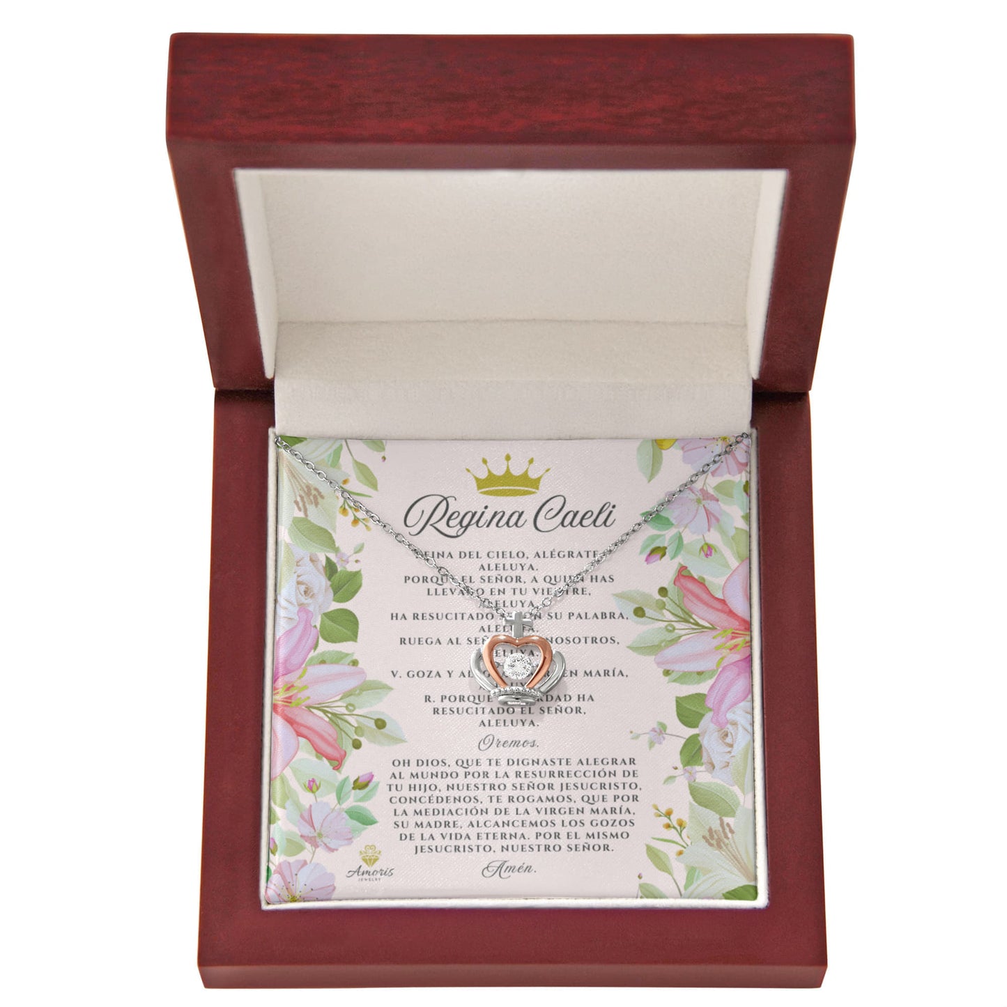 Regina Caeli Crown Pendant Necklace in Sterling Silver with SPANISH Prayer Card