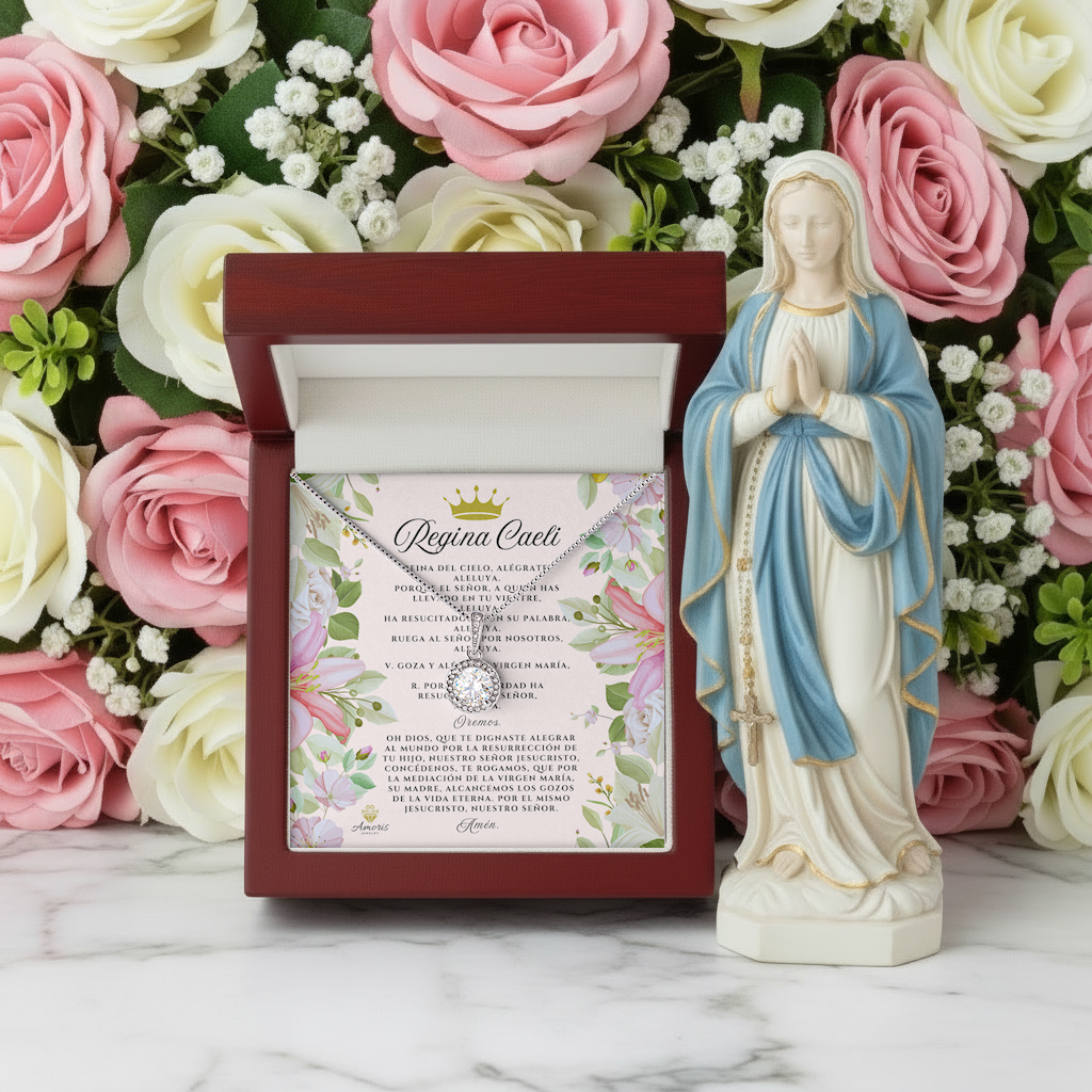 Collier Regina Caeli Eternal Hope avec carte de prière en espagnol