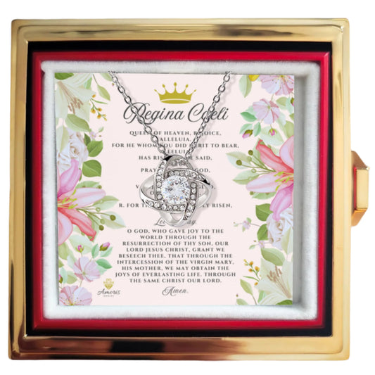 Regina Caeli Love Knot Necklace with Eternal Rose and ENGLISH Prayer Card