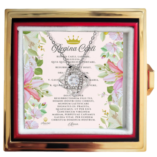 Collar de nudo de amor Regina Caeli con rosa eterna y tarjeta de oración en latín
