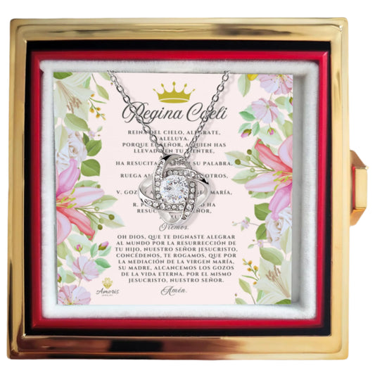 Collar de nudo de amor Regina Caeli con rosa eterna y tarjeta de oración en español