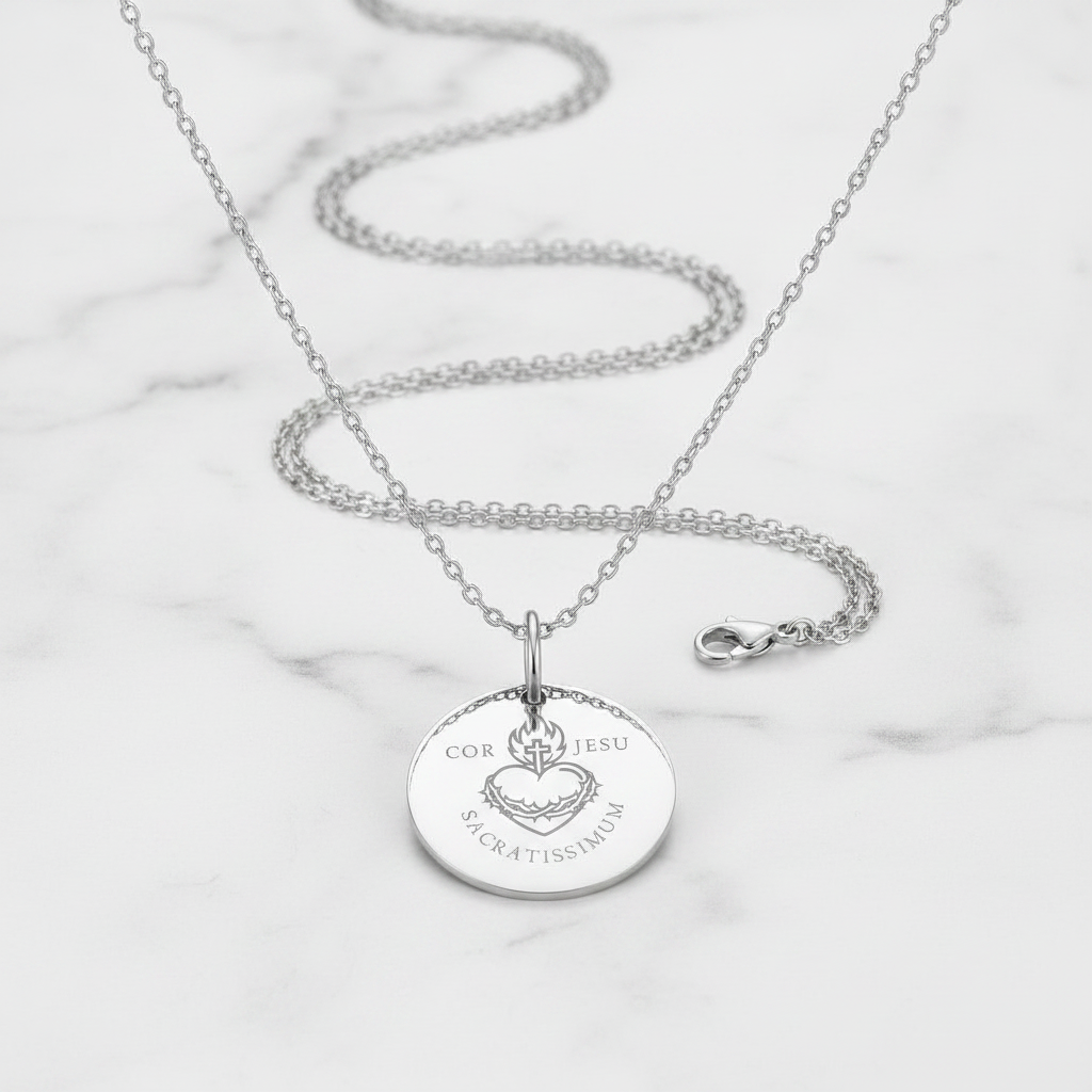 Sacred Heart Cor Jesu Sacratissimum Necklace with Personalized Custom Engraving