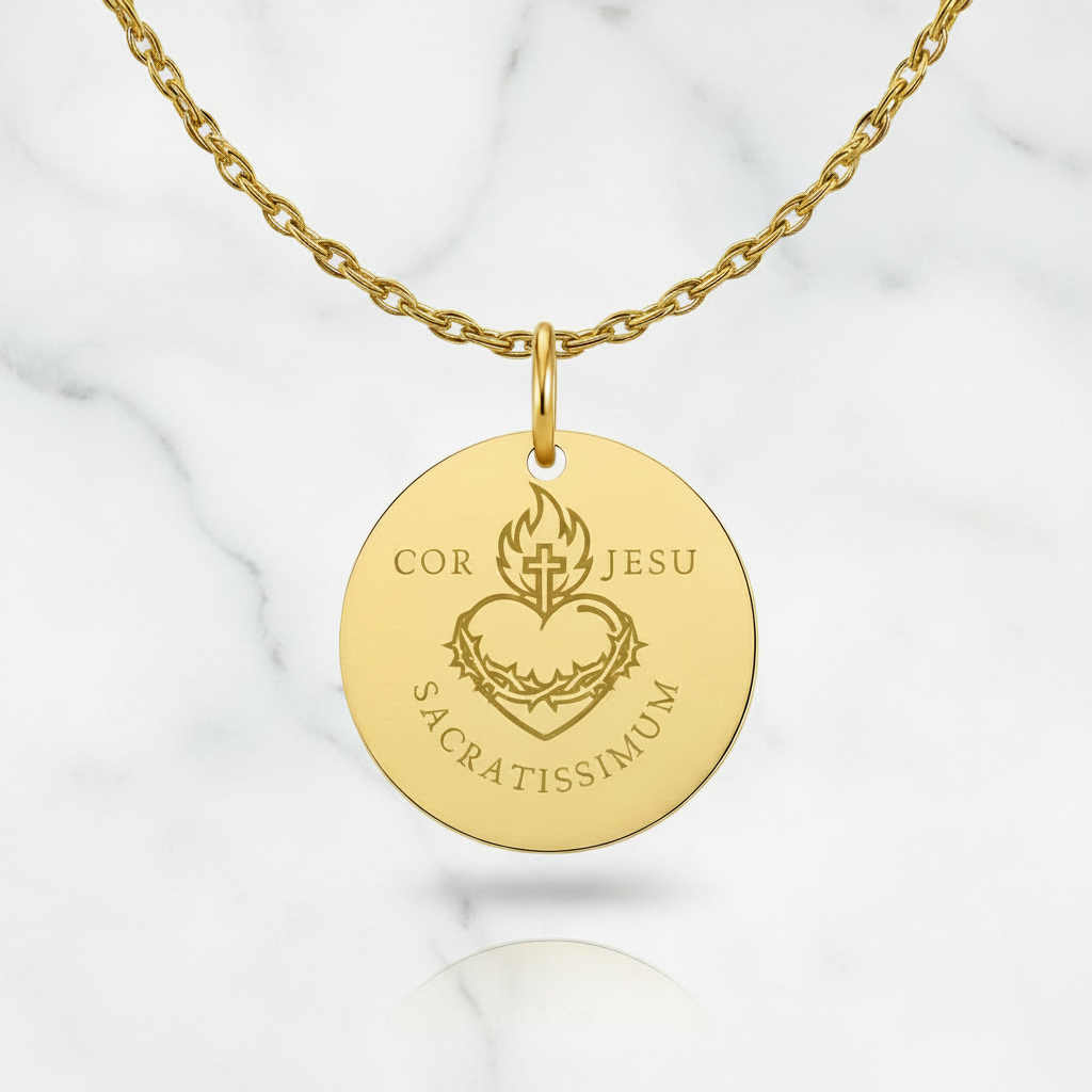Sacred Heart Cor Jesu Sacratissimum Necklace with Personalized Custom Engraving