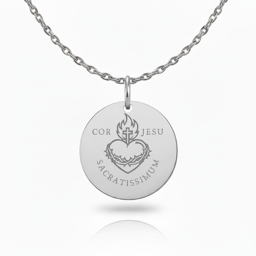 Sacred Heart Cor Jesu Sacratissimum Necklace with Personalized Custom Engraving