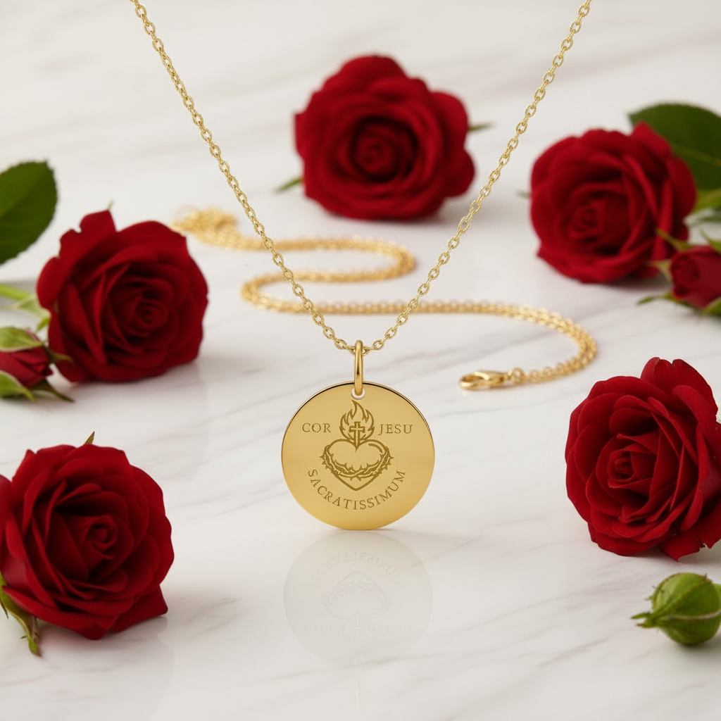 Sacred Heart Cor Jesu Sacratissimum Necklace with Personalized Custom Engraving