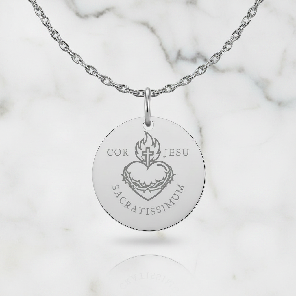 Sacred Heart Cor Jesu Sacratissimum Necklace with Personalized Custom Engraving