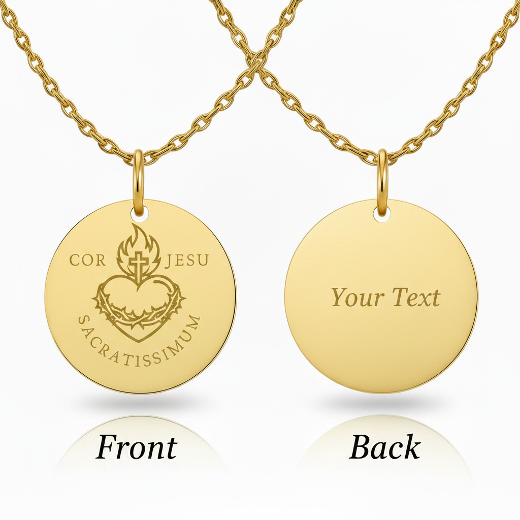 Sacred Heart Cor Jesu Sacratissimum Necklace with Personalized Custom Engraving