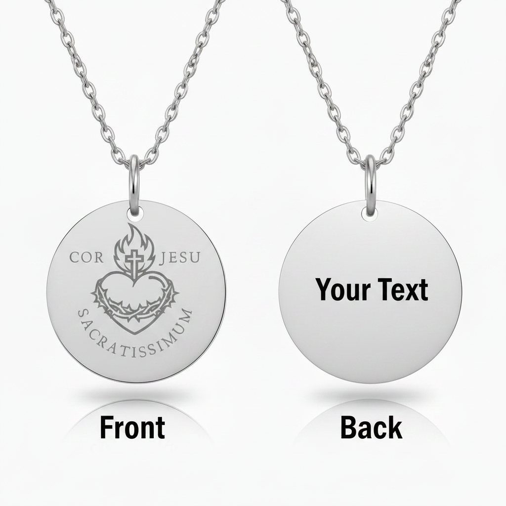 Sacred Heart Cor Jesu Sacratissimum Necklace with Personalized Custom Engraving