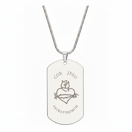 Sacred Heart Cor Jesu Sacratissimum Tag Necklace with Personalized Custom Engraving