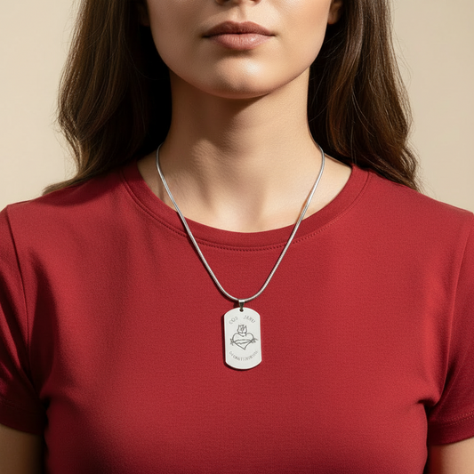 Sacred Heart Cor Jesu Sacratissimum Tag Necklace with Personalized Custom Engraving