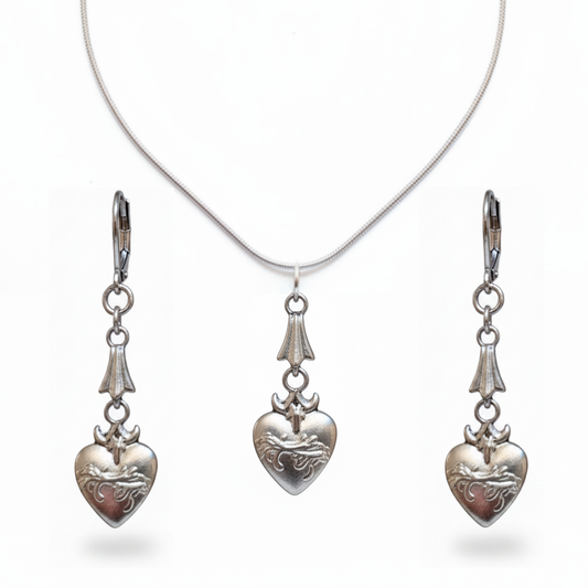 Sacred Heart Necklace and Earrings Set in Stainless Steel